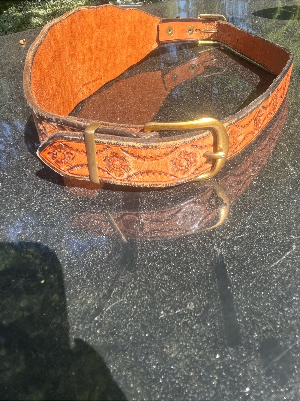 Vintage Brown Leather Floral Hand tooled Wide Cinch Belt size XS - Picture 6 of 10